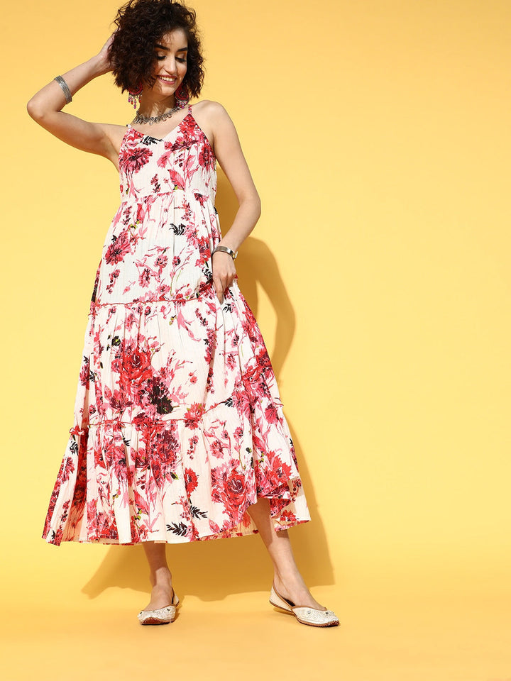 White &amp; Pink Floral Printed Dress
