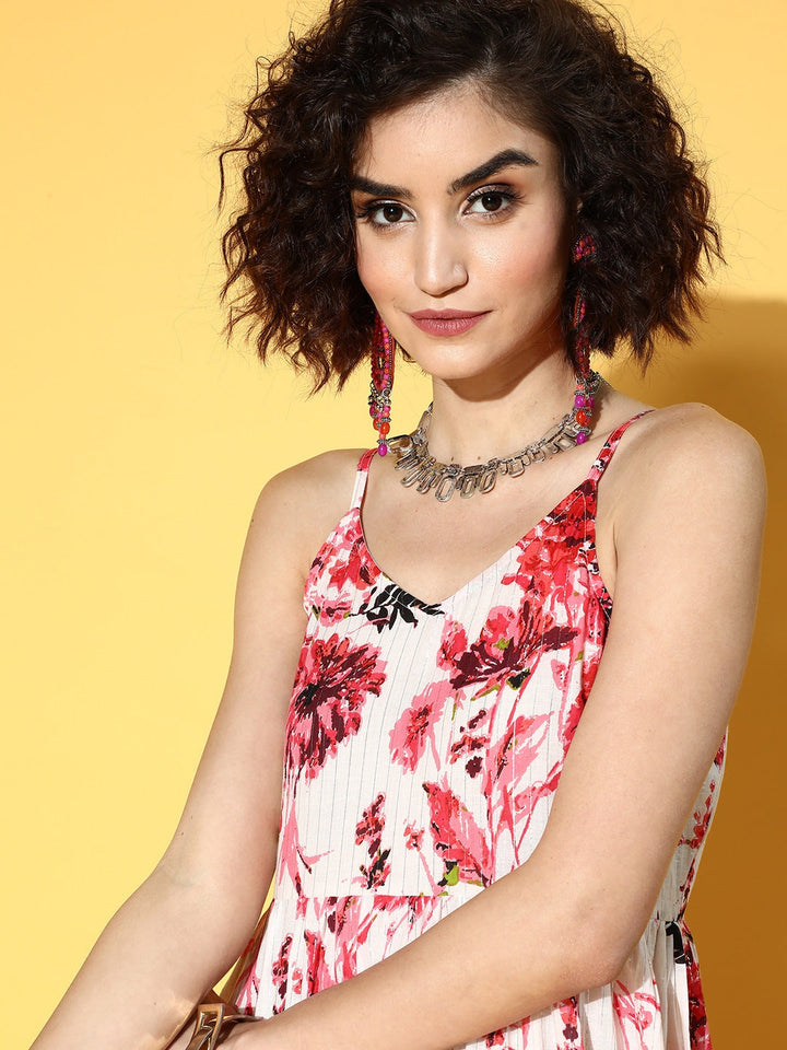 White &amp; Pink Floral Printed Dress