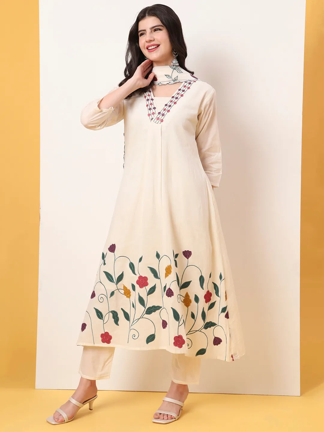 White Pure Cotton A-Line Thread Work Kurta Dupatta Set