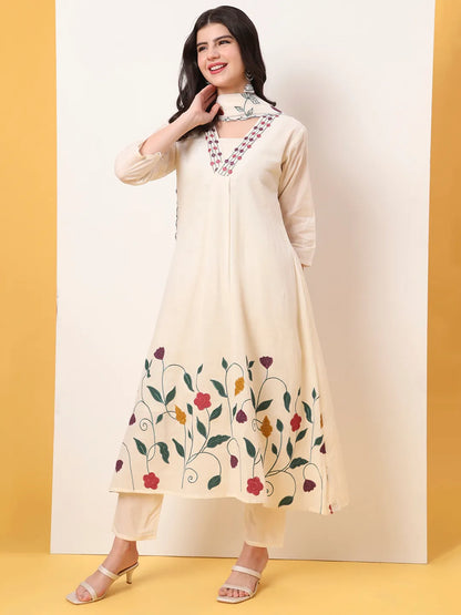 White Pure Cotton A-Line Thread Work Kurta Dupatta Set