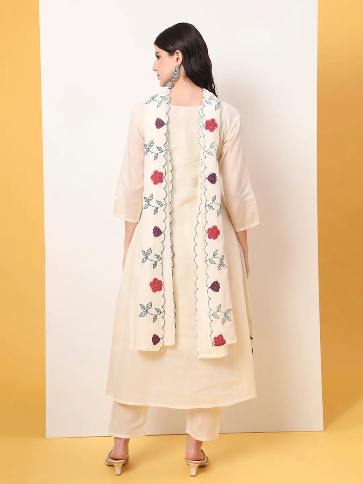 White Pure Cotton A-Line Thread Work Kurta Dupatta Set