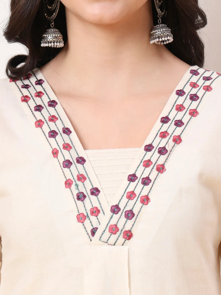 White Pure Cotton A-Line Thread Work Kurta Dupatta Set