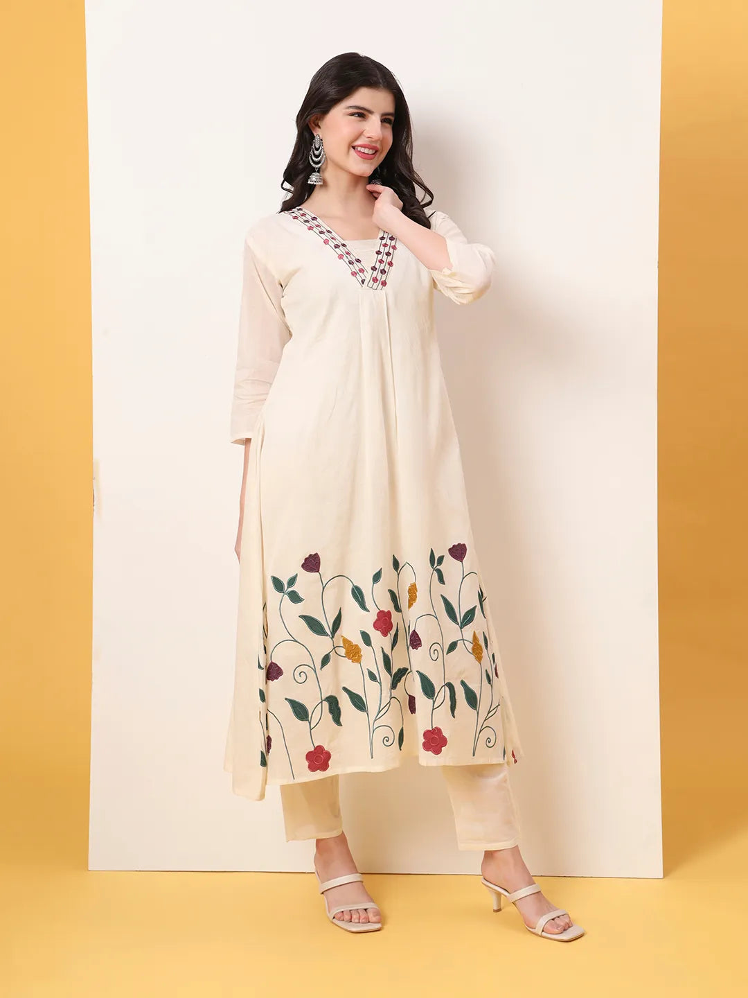 White Pure Cotton A-Line Thread Work Kurta Dupatta Set