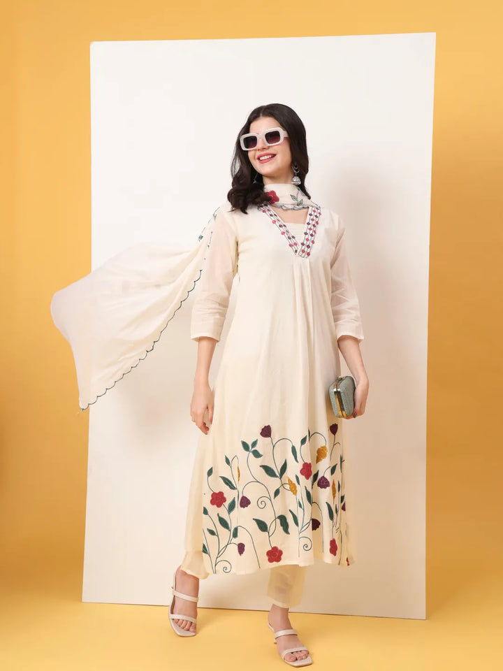 White Pure Cotton A-Line Thread Work Kurta Dupatta Set