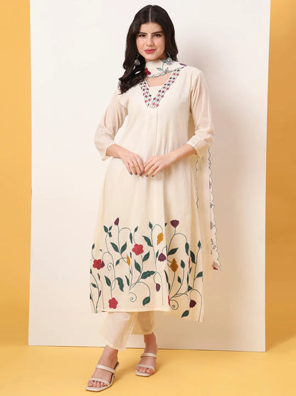 Women's White Cotton White Pure Cotton A-Line Thread Work Kurta Dupatta Set by Yufta, suitable for wholesale buyers, boutiques, retailers, resellers and bulk fashion orders from Trendphoria