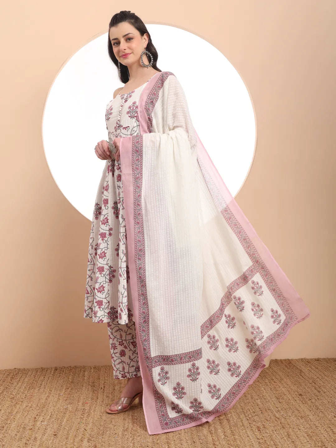White Pure Cotton Anarkali Kurta Set With Dupatta