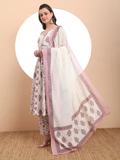 White Pure Cotton Anarkali Kurta Set With Dupatta