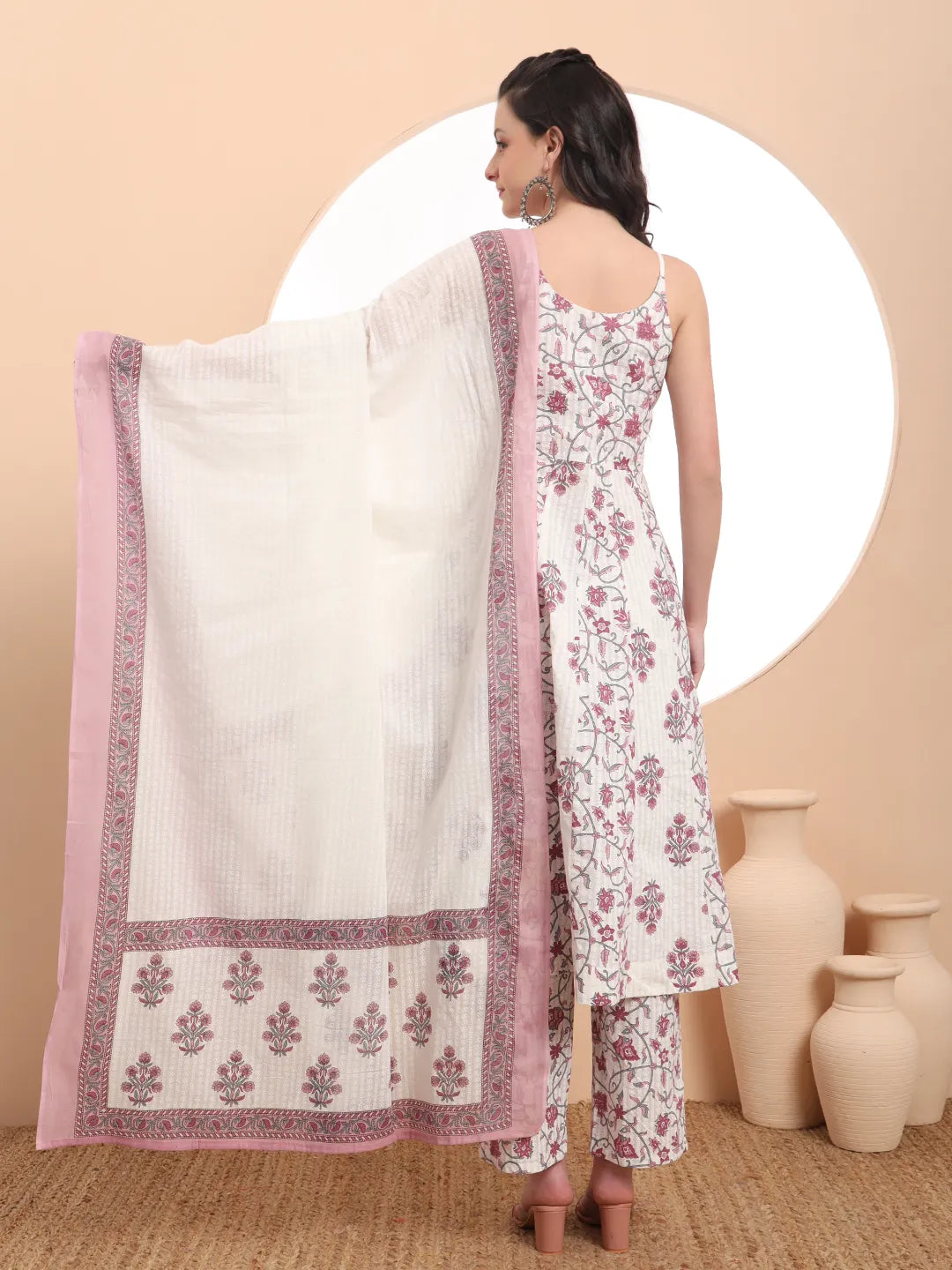 White Pure Cotton Anarkali Kurta Set With Dupatta