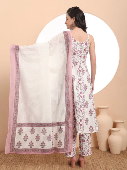 White Pure Cotton Anarkali Kurta Set With Dupatta