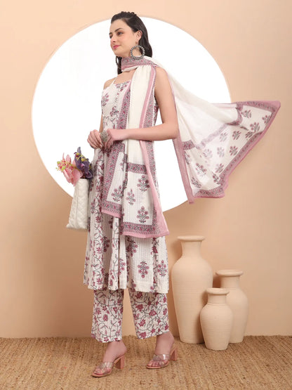 White Pure Cotton Anarkali Kurta Set With Dupatta