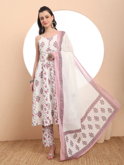Women's Pink Cotton White Pure Cotton Anarkali Kurta Set With Dupatta by Yufta, suitable for wholesale buyers, boutiques, retailers, resellers and bulk fashion orders from Trendphoria