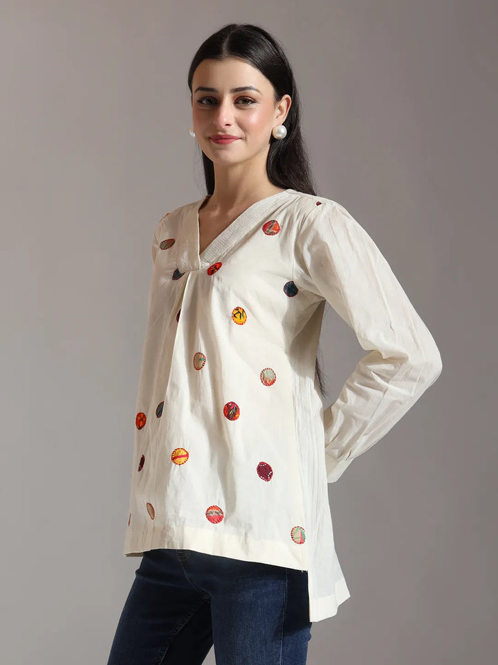 White Pure Cotton Applique Work Top