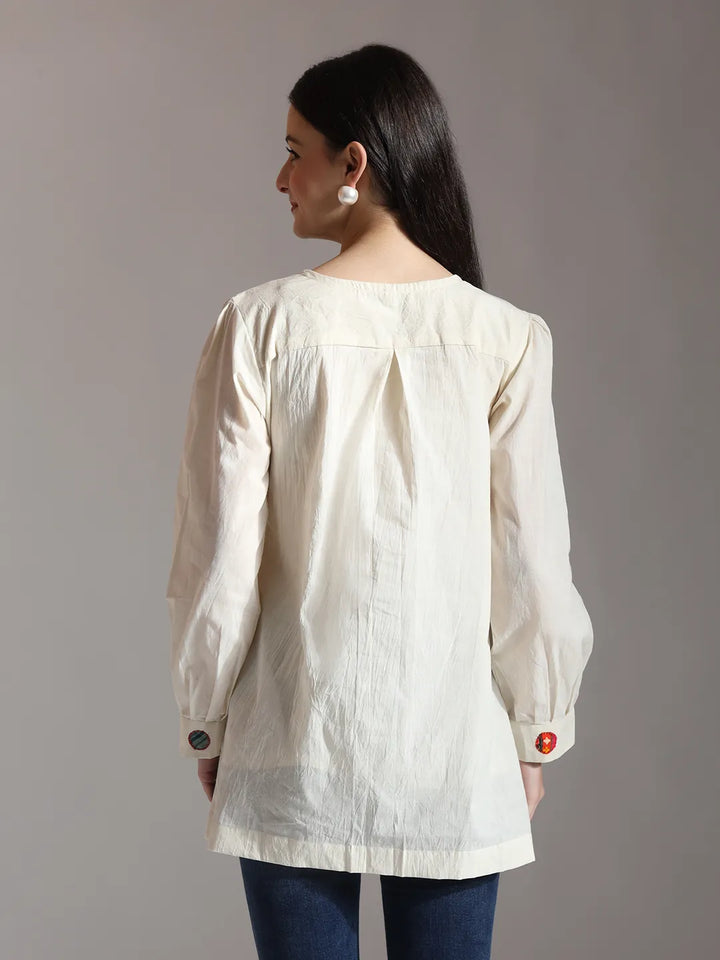 White Pure Cotton Applique Work Top