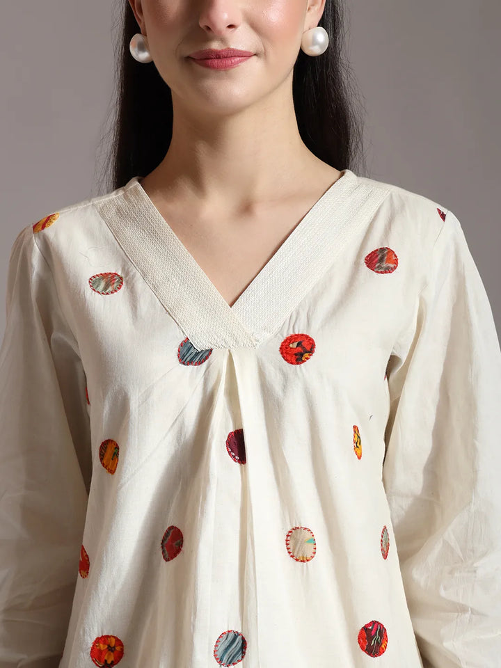 White Pure Cotton Applique Work Top