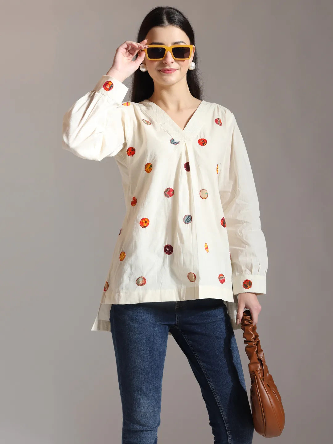 White Pure Cotton Applique Work Top
