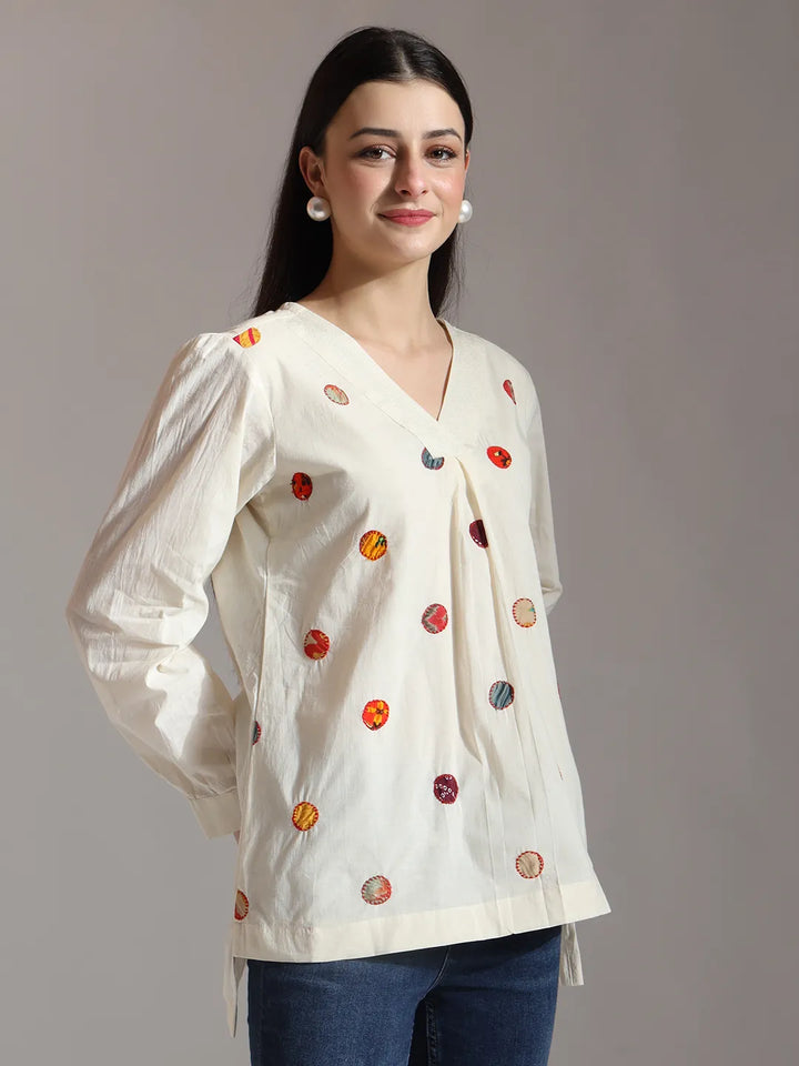 White Pure Cotton Applique Work Top