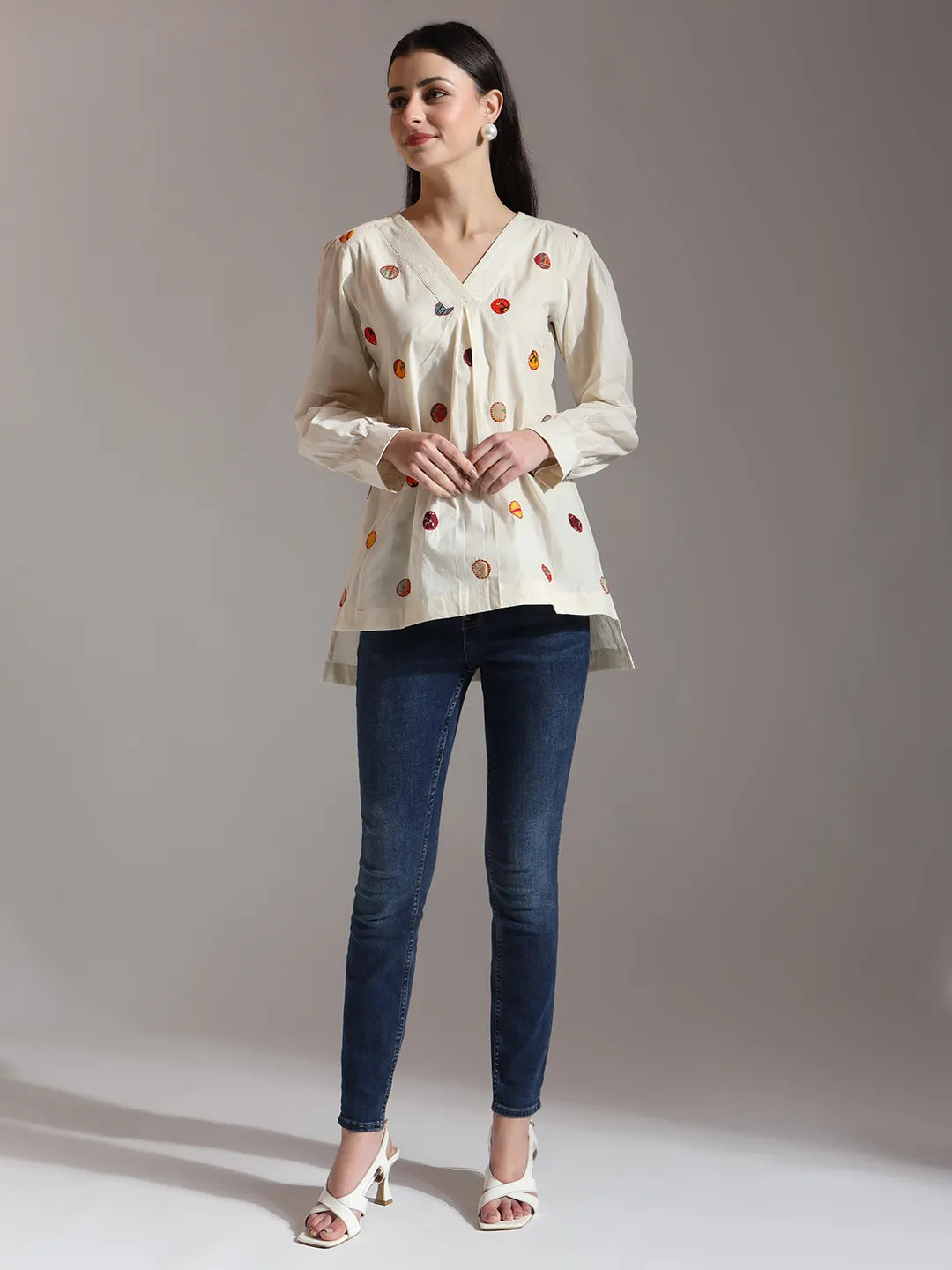 White Pure Cotton Applique Work Top