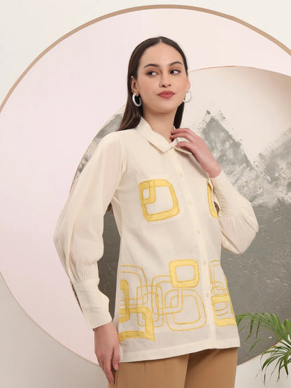 White Pure Cotton Shirt Collar Top With Embroidery