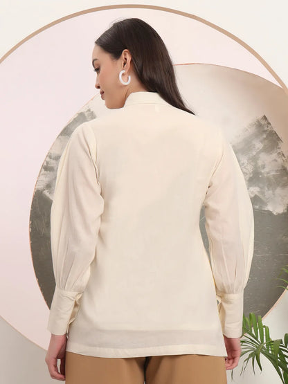 White Pure Cotton Shirt Collar Top With Embroidery