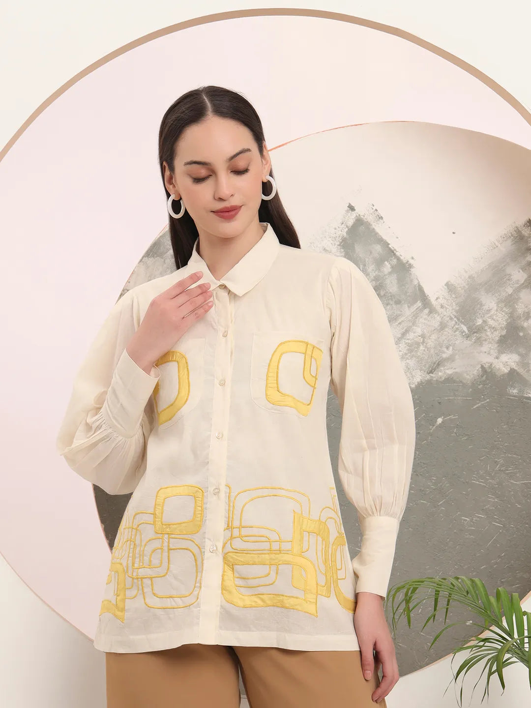 White Pure Cotton Shirt Collar Top With Embroidery