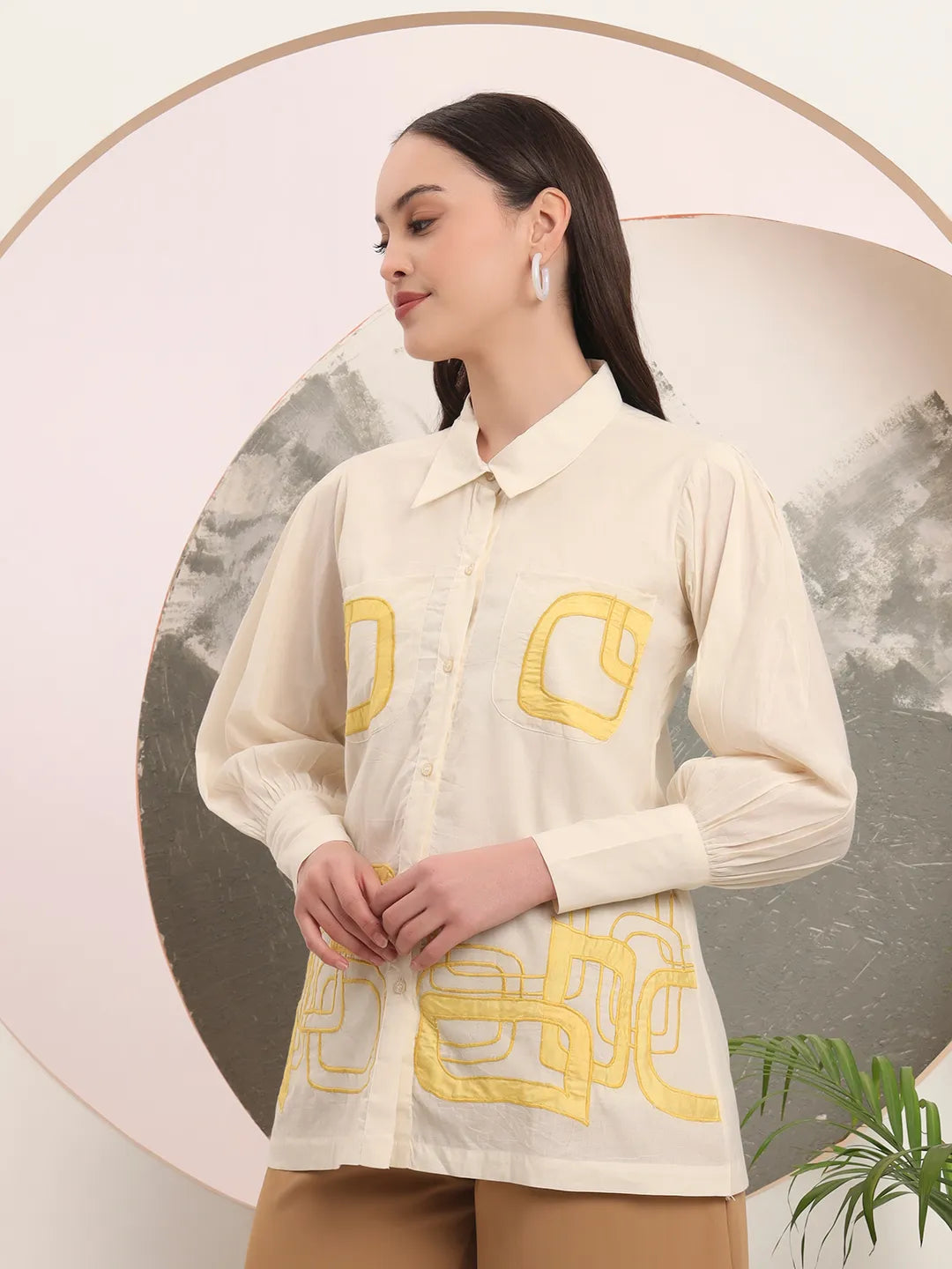 White Pure Cotton Shirt Collar Top With Embroidery