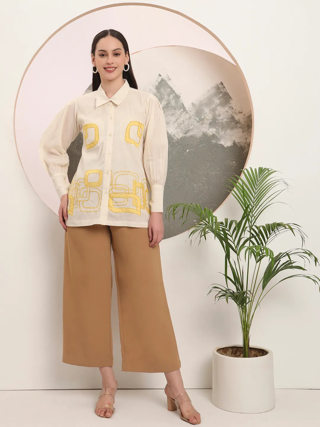 White Pure Cotton Shirt Collar Top With Embroidery