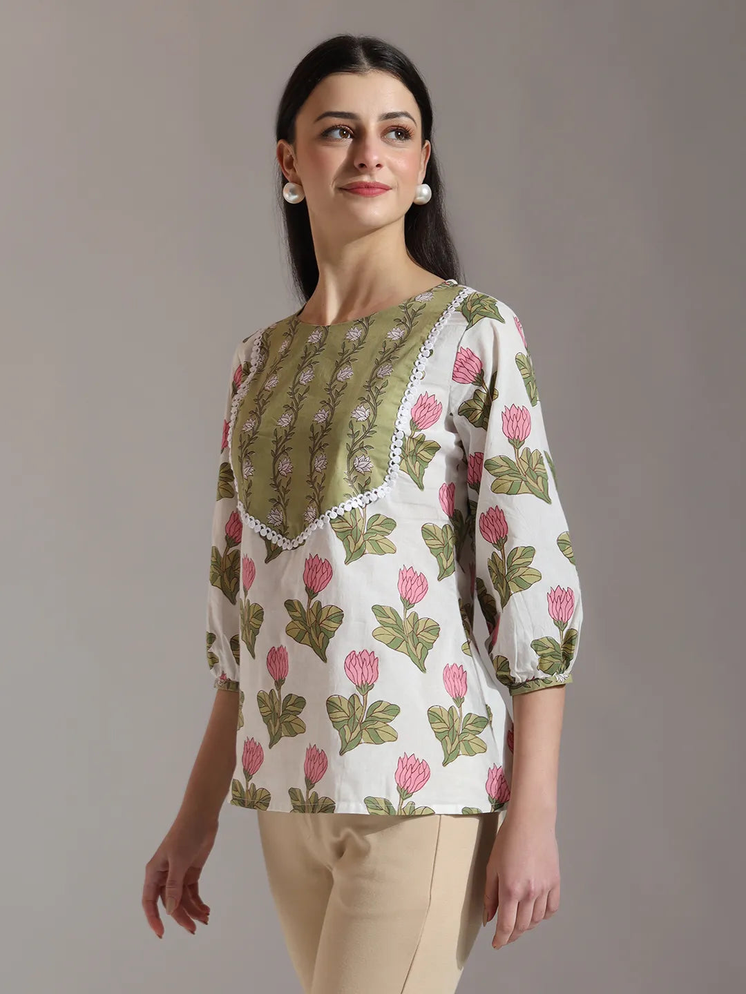 White Pure Cotton Top With Lace Detailing&