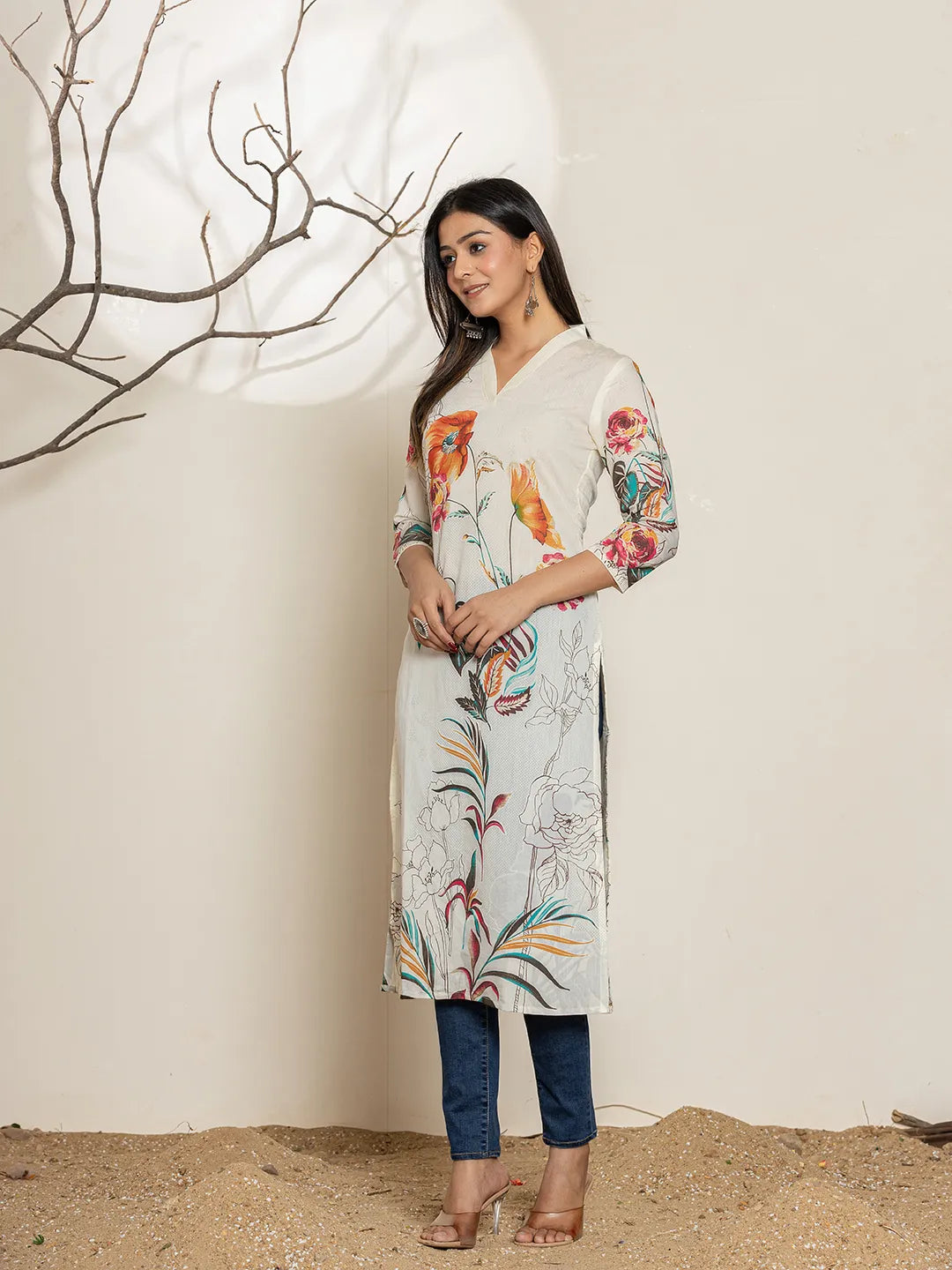 White Silk Blend Digital Floral Print Kurta