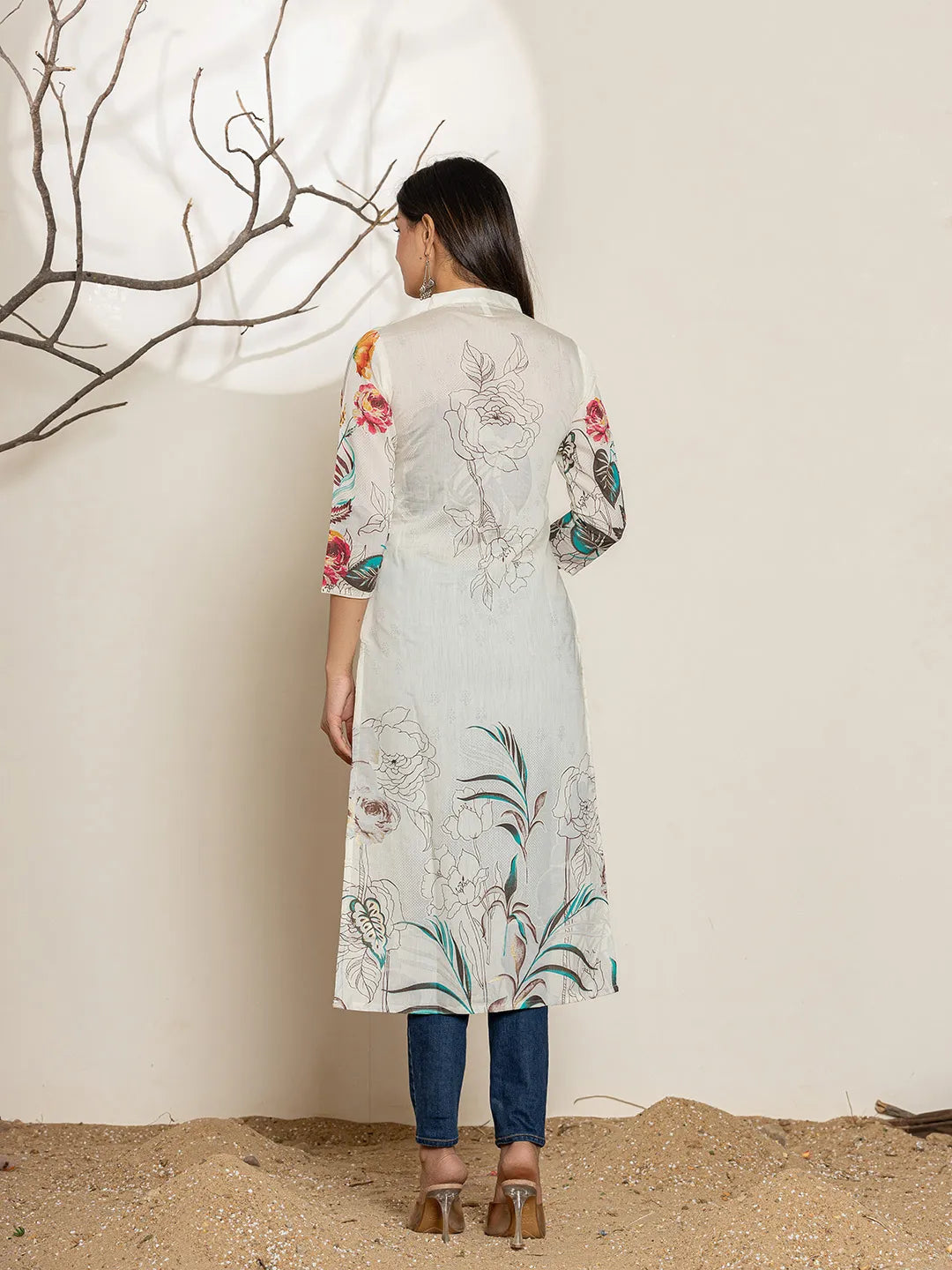 White Silk Blend Digital Floral Print Kurta