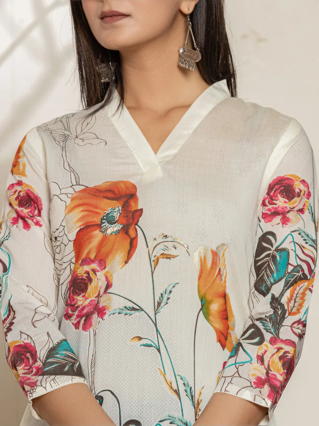 White Silk Blend Digital Floral Print Kurta