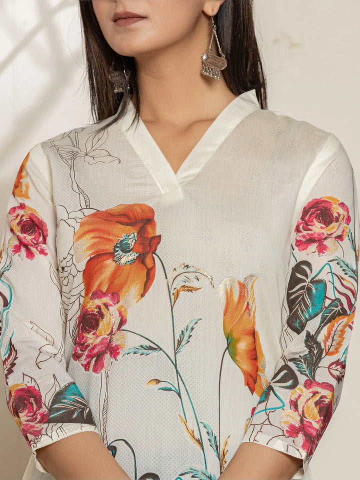 White Silk Blend Digital Floral Print Kurta