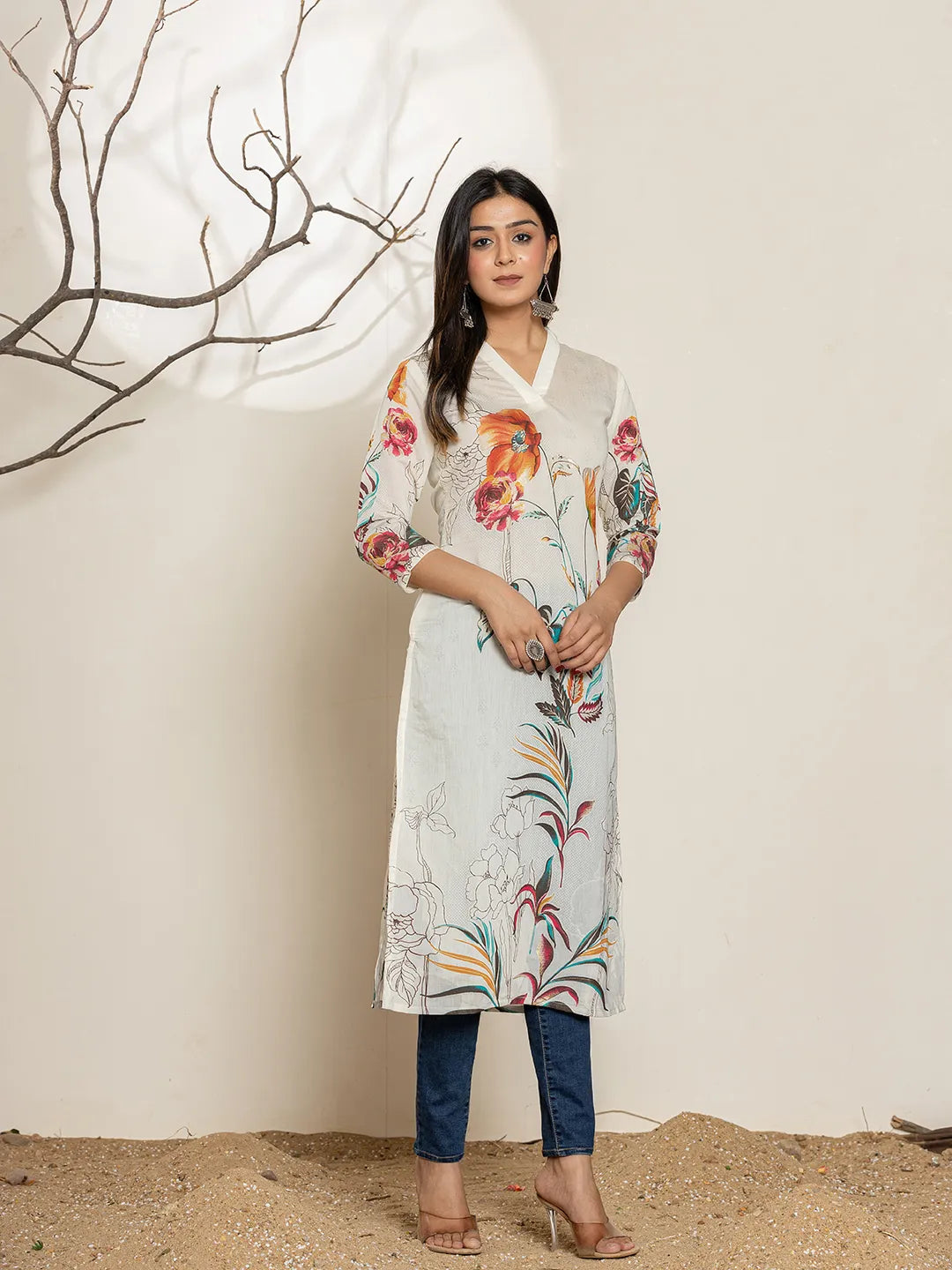 White Silk Blend Digital Floral Print Kurta
