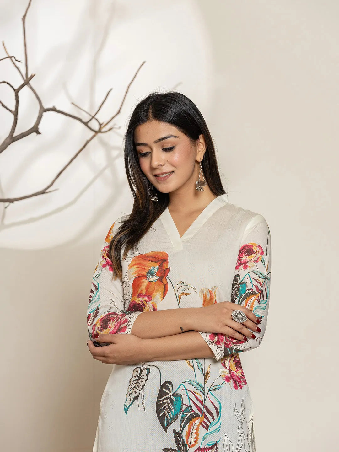 White Silk Blend Digital Floral Print Kurta