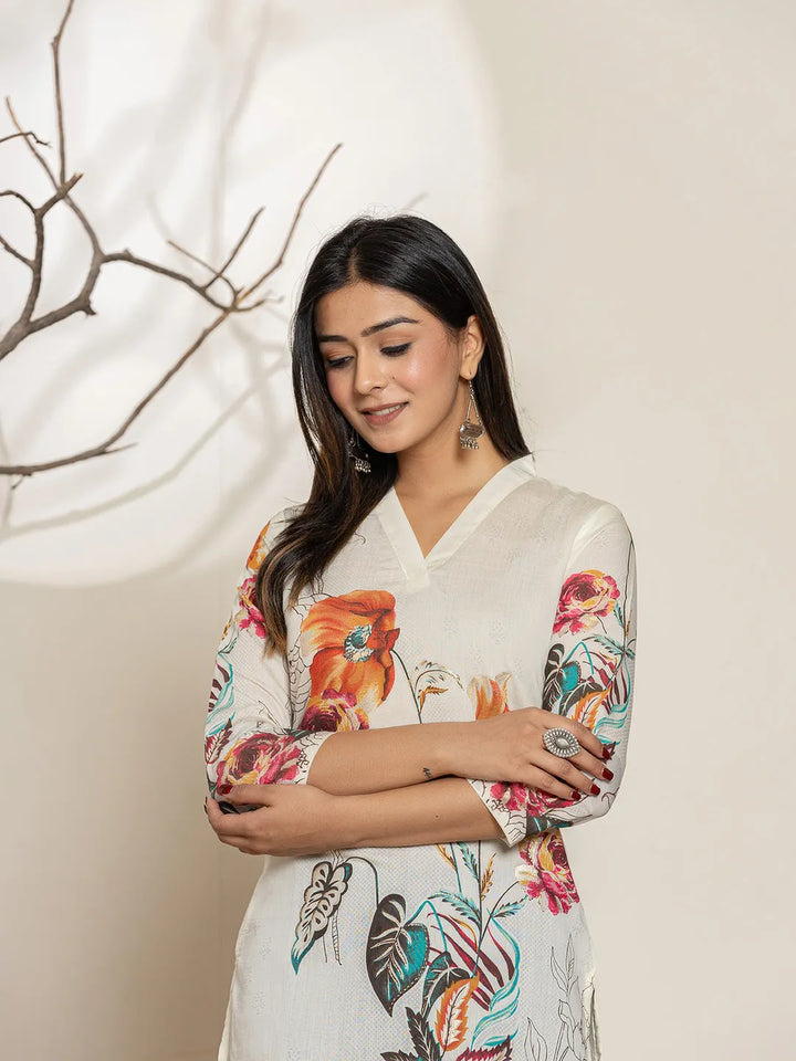 White Silk Blend Digital Floral Print Kurta