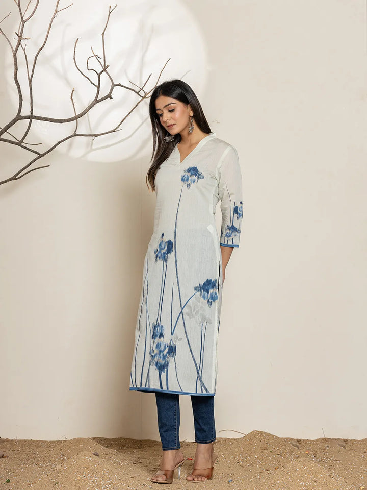 White Silk Blend Digital Print Kurta