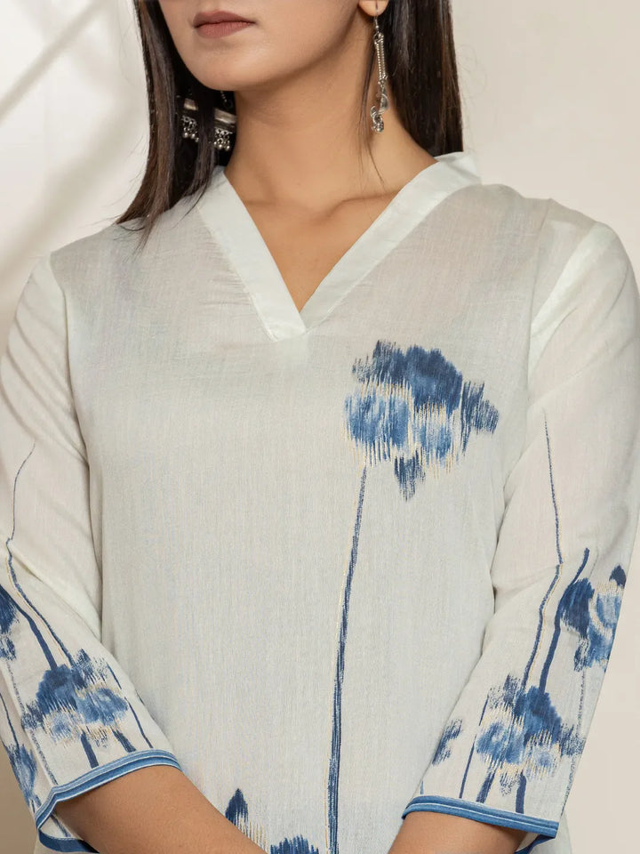White Silk Blend Digital Print Kurta