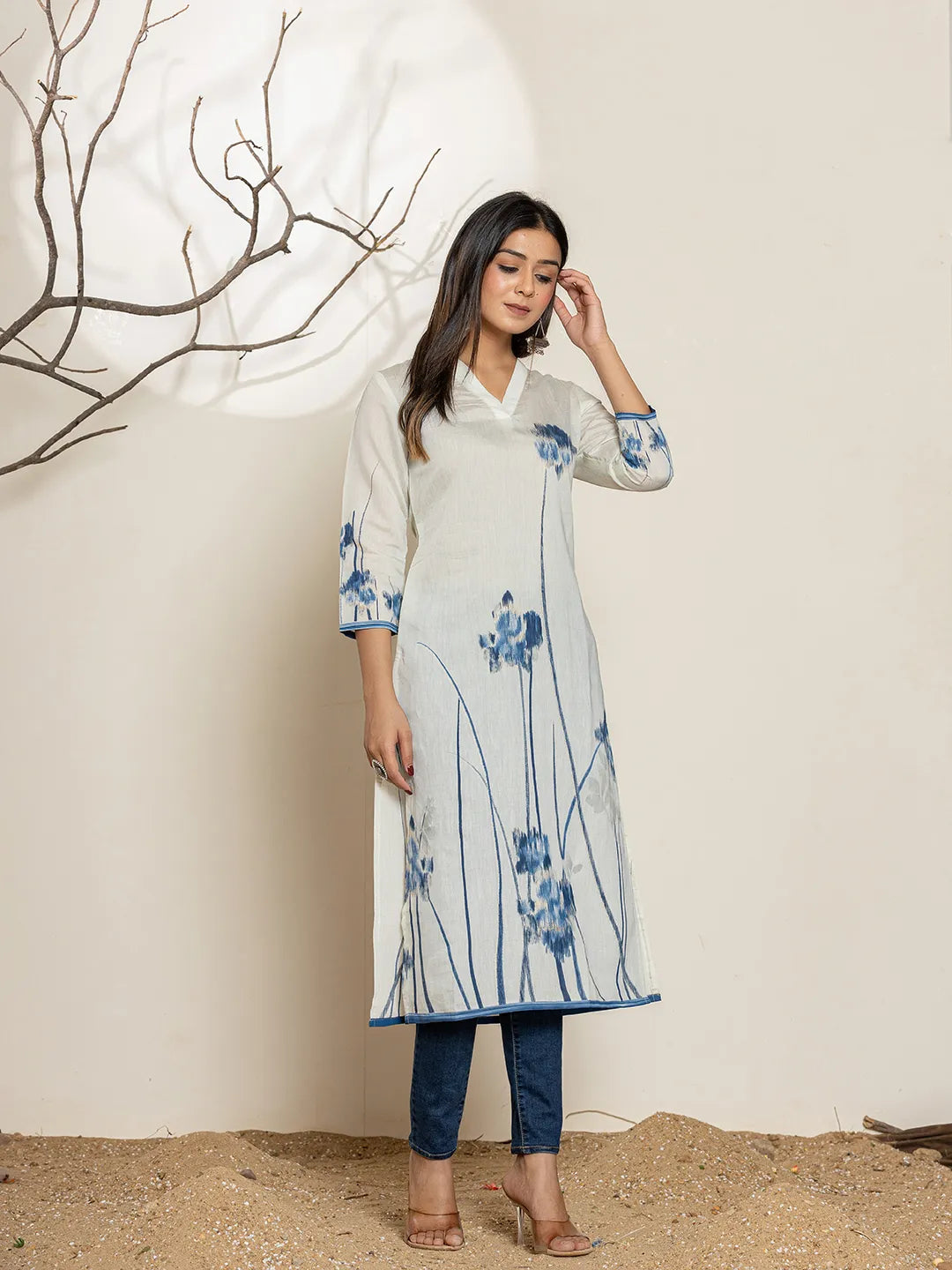 White Silk Blend Digital Print Kurta