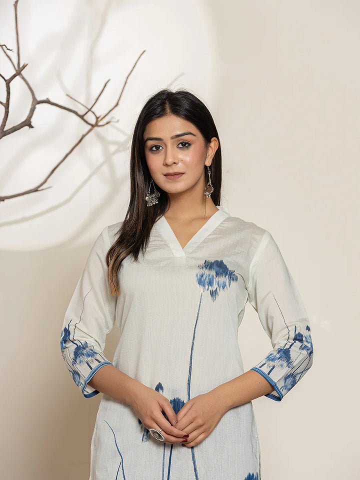 White Silk Blend Digital Print Kurta
