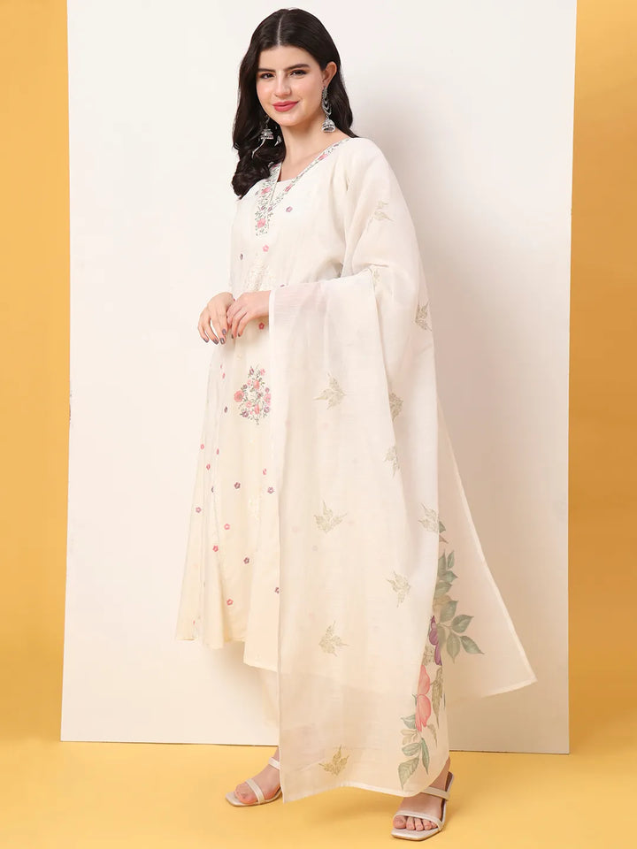 White Thread Work Lace Work A-Line Kurta Dupatta Pant Set