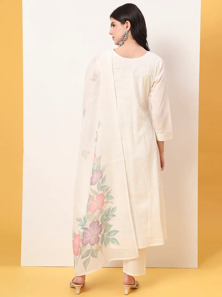 White Thread Work Lace Work A-Line Kurta Dupatta Pant Set