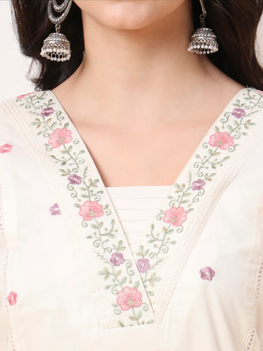 White Thread Work Lace Work A-Line Kurta Dupatta Pant Set