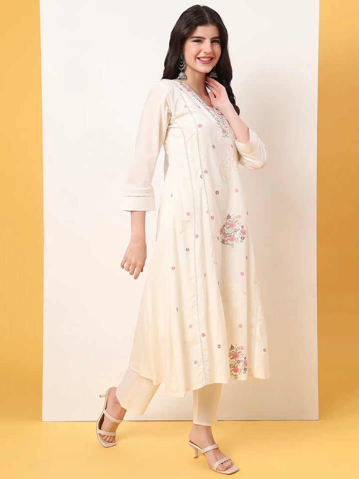 White Thread Work Lace Work A-Line Kurta Dupatta Pant Set
