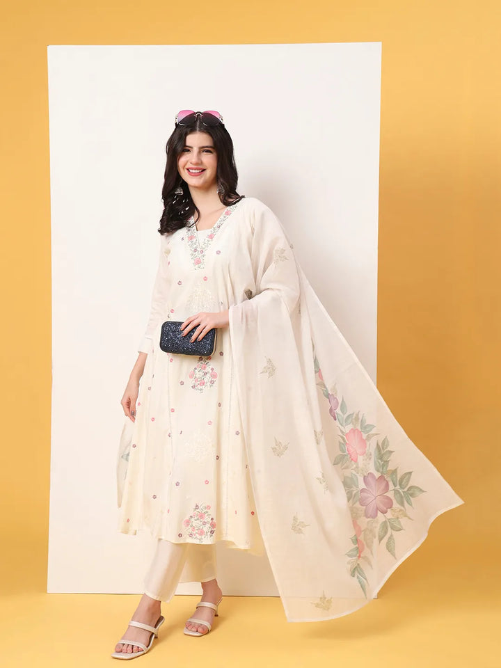 White Thread Work Lace Work A-Line Kurta Dupatta Pant Set