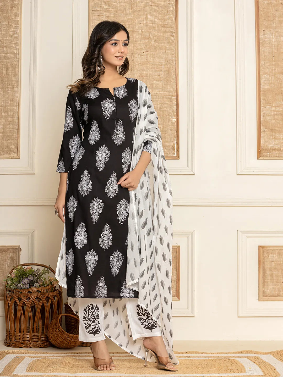 Women Black Paisley Print Rayon Kurta With Hand Block Print Palazzo &amp; Dupatta