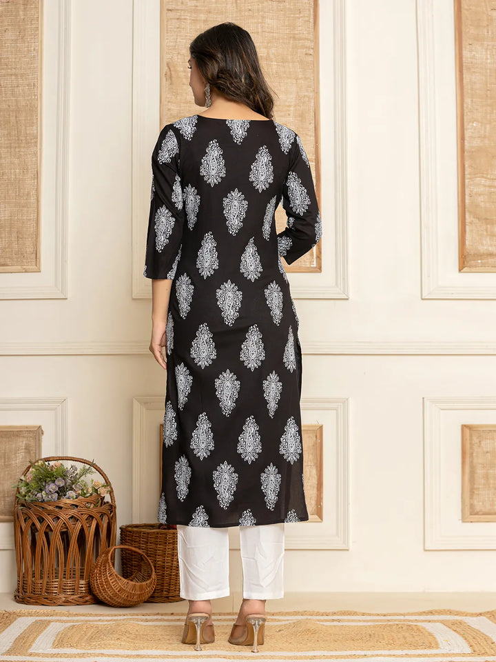 Women Black Paisley Print Rayon Kurta With Hand Block Print Palazzo &amp; Dupatta