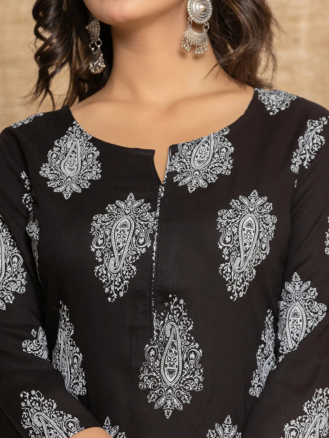 Women Black Paisley Print Rayon Kurta With Hand Block Print Palazzo &amp; Dupatta
