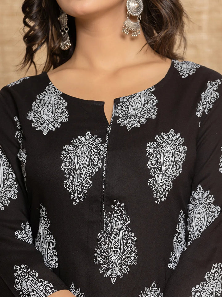 Women Black Paisley Print Rayon Kurta With Hand Block Print Palazzo &amp; Dupatta