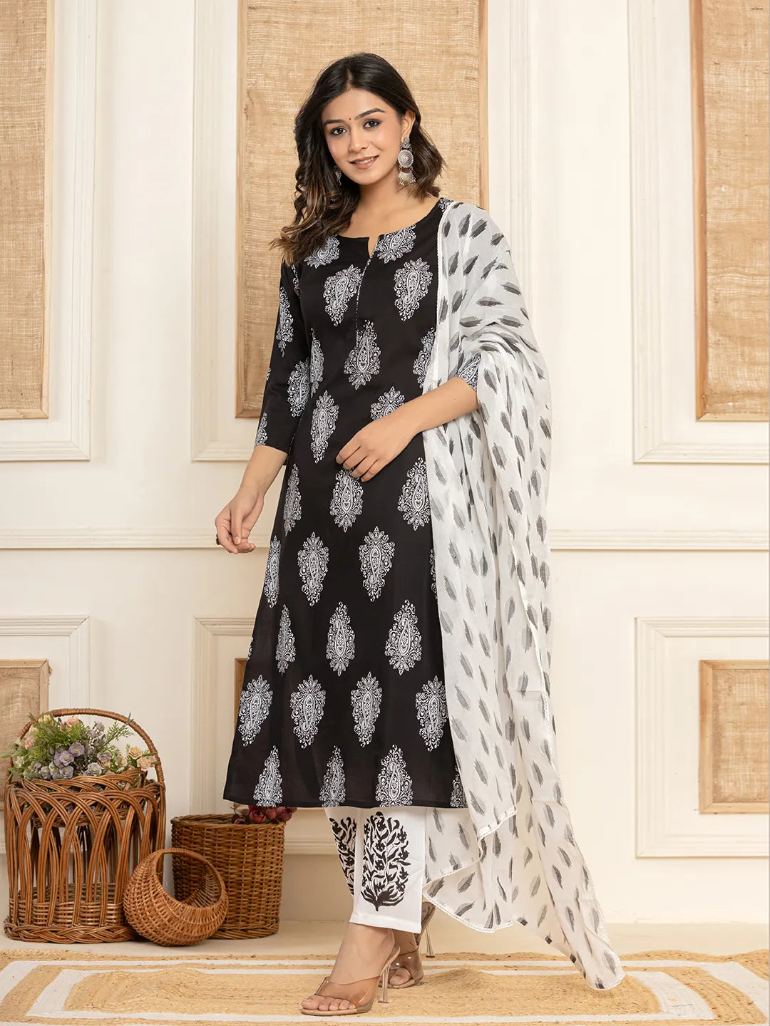 Women Black Paisley Print Rayon Kurta With Hand Block Print Palazzo &amp; Dupatta