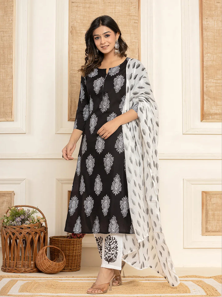 Women Black Paisley Print Rayon Kurta With Hand Block Print Palazzo &amp; Dupatta