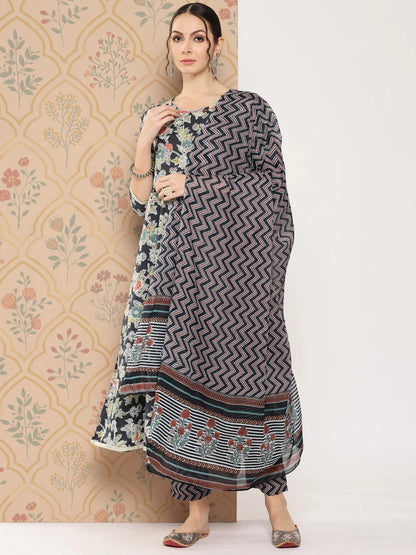 Women Floral Printed Regular Pure Cotton Kurta With Trousers & With Dupatta